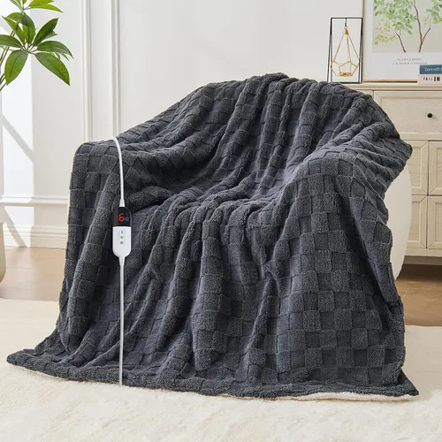 Manta térmica eléctrica tamaño matrimonial – Manta jacquard a cuadros Sherpa de 72 x 84 pulgadas, manta de cama de calentamiento rápido con 6