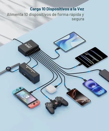 Miniatura 4 de Estación de carga USB C de 10 puertos con 4 cables USB, bloque de cargador GaN tipo C de 200W, adaptador de enchufe de regleta de alimentación
