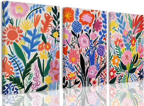 Miniatura 10 de TBKHUDBI Lienzo de flores bohemias para pared, impresiones florales abstractas, juego de 3 pósteres minimalistas de pintura botánica, mercado