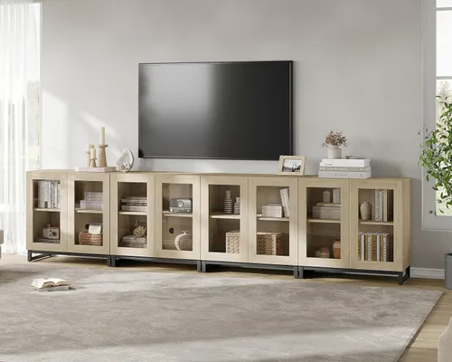 Miniatura 29 de WAMPAT Moderno soporte de TV con puertas de vidrio para televisores de 32 a 40 pulgadas, consola central de entretenimiento con estantes ajustables