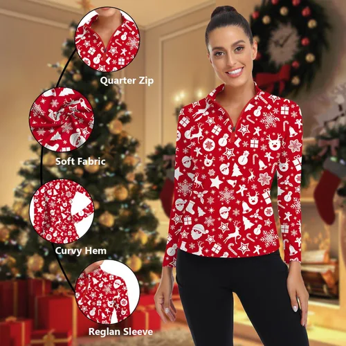 Miniatura 151 de WOWENY Camiseta deportiva de manga larga para mujer, con cremallera de un cuarto, cuello para entrenamiento, camiseta de tenis con estampado