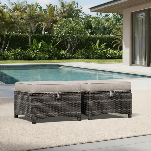 Miniatura 2 de Joyside Juego de 2 otomanas para exteriores, reposapiés otomano grande para patio con cojines gruesos, taburete de mimbre para exteriores para Beige