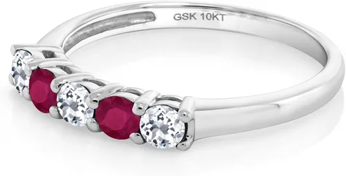 Miniatura 4 de Gem Stone King 0.70 Ct Round White Topaz Red Ruby 10K White Gold 5 Stone Anniversary 5-Stone Band Ring