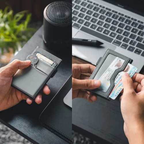 Miniatura 14 de VULKIT Billetera minimalista con ventana de identificación y bolsillo EDC con bolsillo desplegable para tarjetas de crédito y bloqueo RFID, diseño
