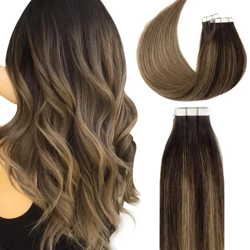 Miniatura 25 de Lacer Extensiones de cabello humano Remy con cinta, 20 piezas, 1.76 oz, extensiones de cabello humano con cinta color marrón chocolate a rubio