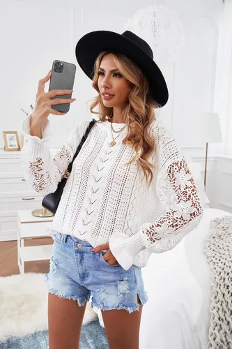 Miniatura 2 de AlvaQ - Suéter para mujer, de encaje de ganchillo, manga larga, cuello redondo, tejido de punto para invierno, sin botones