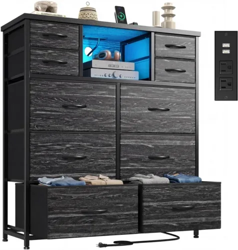 Miniatura 11 de Cómoda blanca para dormitorio con estación de carga y luces LED, 10 cajones de tela con estantes abiertos, cómoda resistente organizador de Blanco