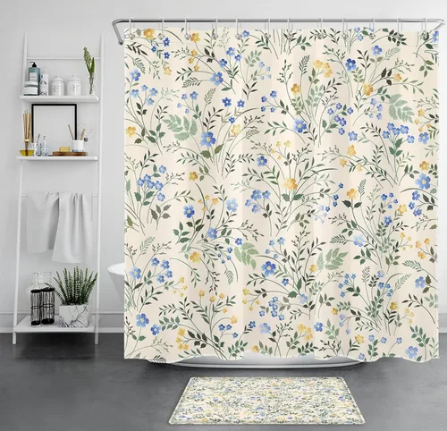 Miniatura 15 de LB Cortina de Ducha Decorativa de Flores Silvestres del Campo, Flores Azules y Amarillas con Planta de Hojas Verdes sobre Beige, Cortina de Ducha