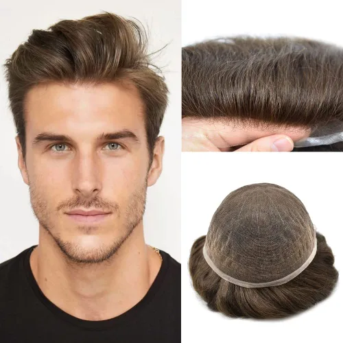 Miniatura 58 de Toupee para hombres Piezas de cabello humano real, encaje francés completo para hombres, pieza de cabello, nudos blanqueados, línea capilar natural