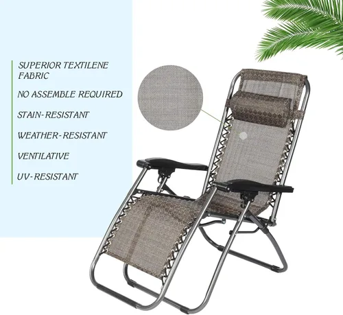 Miniatura 3 de Juego de 2 sillas ajustables de gravedad cero, Textilene plegable para exteriores con almohada extraíble, reclinables portátiles y livianas para Gris