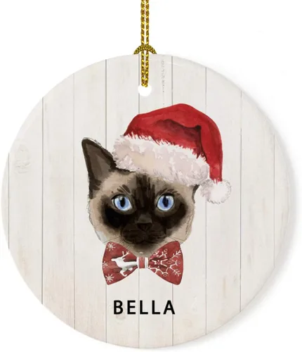 Miniatura 19 de Andaz Press Adorno redondo personalizado de cerámica para árbol de Navidad, abisinio, corona de acebo, sombrero de Papá Noel, con gráfico de gato