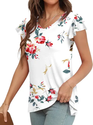 Miniatura 2 de HOTGIFT Camiseta de manga corta para mujer, estilo casual, para playa, plisada, para leggings
