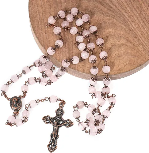 Miniatura 4 de Nazareth Store Rosario de diseño vintage con cuentas de piedra natural, collar de 0.315 in, medalla de suelo santo y cruz crucifijo rosarios