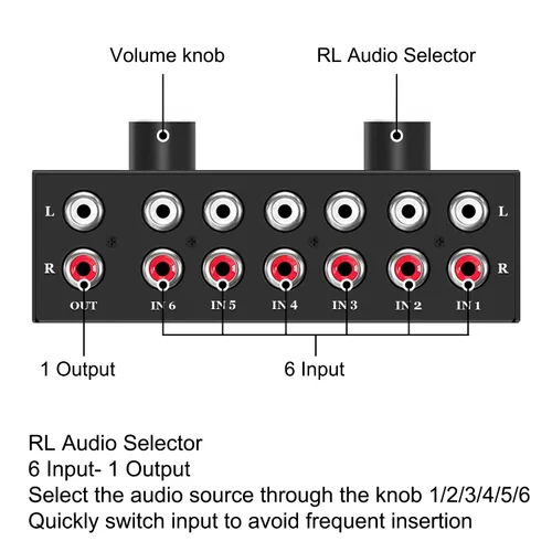 Miniatura 2 de Conmutador de audio RCA de 6 canales, selector de audio de 6 entradas-1salida, caja selectora estéreo pasiva compatible con cine en casa, HDTV
