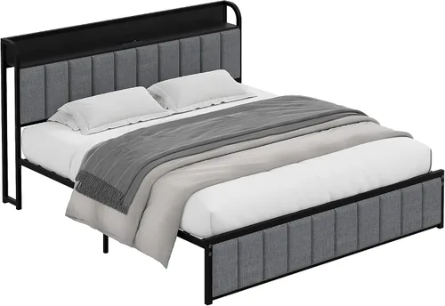 Miniatura 8 de VECELO Marco de Cama Queen, Cabecera Tapizada con Almacenamiento y Estación de Carga, Marco de Cama de Plataforma, Listones de Metal Resistente, No
