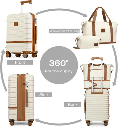 Miniatura 4 de Joyway Maleta de mano extensible de 20 pulgadas con rueda giratoria, juego de equipaje de carcasa dura de 4 piezas con bloqueo TSA (blanco marrón)