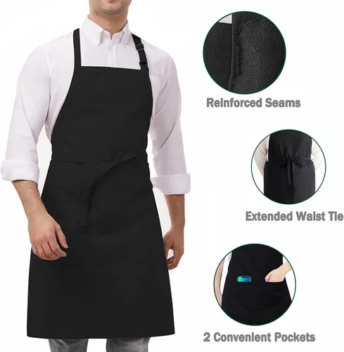 Miniatura 5 de Paquete de 4 delantales negros impermeables, delantales ajustables con 2 bolsillos para hombres y mujeres, delantal de trabajo profesional