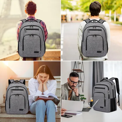 Miniatura 6 de Mochila escolar, mochila grande para adolescentes y niños, mochila delgada para laptop de negocios con puerto de carga USB, bolsa de libros de Gris