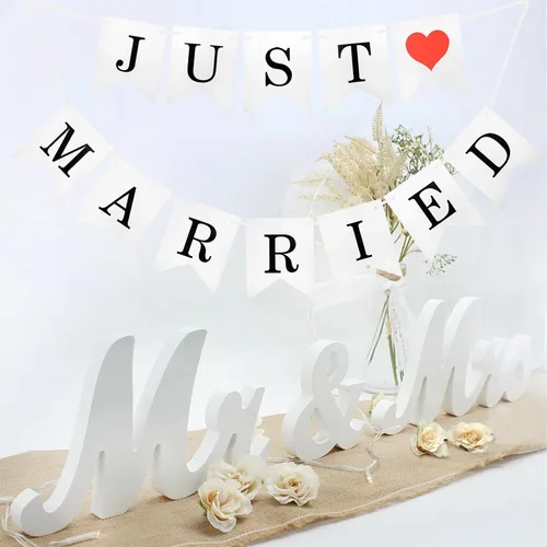 Señal de Sr. y Sra. con pancarta de recién casados para mesa de boda, letras de madera de Sr. y Sra., artículos de decoración de boda de Sr. y Sra.,