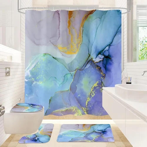 Gibelle Juego de 4 cortinas de ducha de baño con alfombras antideslizantes, cubierta para tapa de inodoro y tapete de baño, juego de decoración de