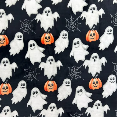 Miniatura 7 de Manta de Halloween: Jack O Lantern, calabazas, fantasmas blancos y telarañas en suave forro polar de terciopelo negro para sofá, sillas y cama Ghost