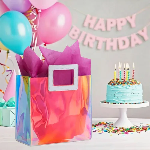 Miniatura 2 de Bolsa de regalo pequeña holográfica de 8.3'' con papel de seda, bolsa de regalo reutilizable para cumpleaños para niñas y mujeres, bolsa de novia, S