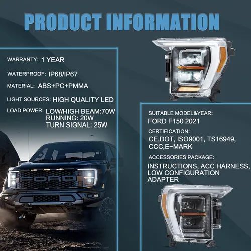 Miniatura 8 de VLAND Conjunto de faros delanteros para Ford F150 2021-2023 14ª generación XL, XLT, Lariat, Tremor, Raptor, King Ranch, Platinum, Limited, proyector