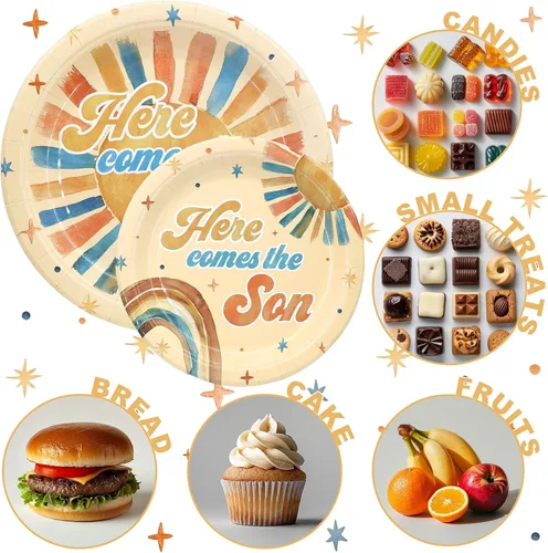 Miniatura 5 de Here Comes the Son - Suministros para baby shower para 20 invitados – Platos boho Sun y Rainbow Platos, servilletas y tenedores – Juego de vajilla