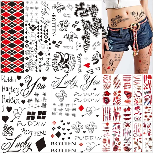 Zeecdatoo 34 hojas de tatuajes temporales de Halloween, tatuajes de Joker HQ para disfraces de cosplay de Halloween y accesorios de fiesta, tatuajes