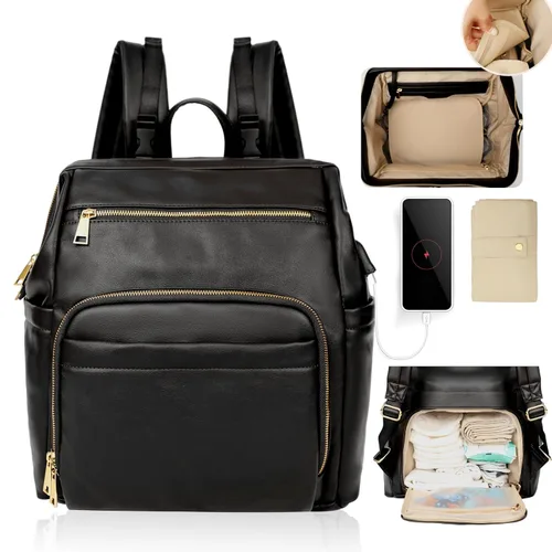 Miniatura 7 de Omanmoli Mochila de cuero grande para pañales con 18 bolsillos organizadores, 6 bolsillos aislados, puerto de carga USB, correas para cochecito