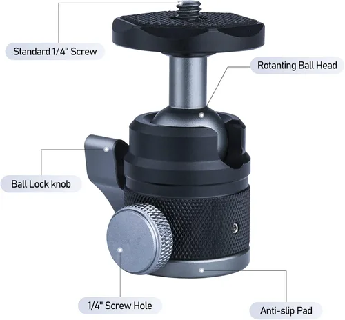 Miniatura 2 de Mini cabeza de bola con tornillo de 1/4 de pulgada adaptador de montaje de rosca de 3/8 pulgadas, cabezal de trípode de aluminio giratorio de 360