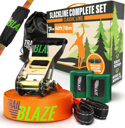 Kit completo de ninja Slackline – Línea de holgura de 60 pies para patio trasero para niños y adultos – Kit de protección de árboles más anchos para