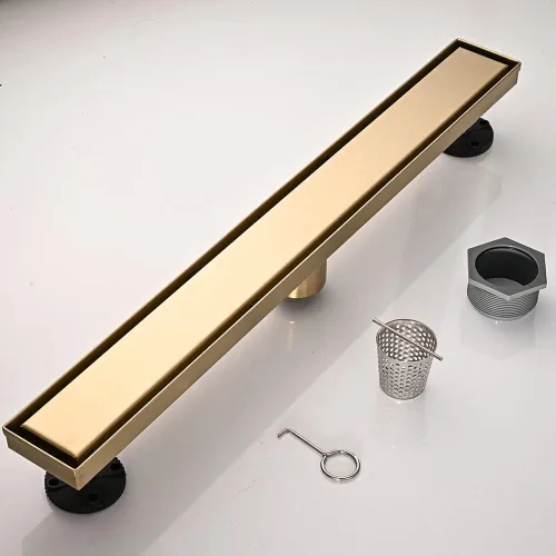 Miniatura 7 de AVSIILE Desagüe lineal de suelo de ducha, kit de drenaje de baño de acero inoxidable 304 de color dorado cepillado de 48 pulgadas, drenaje Oro