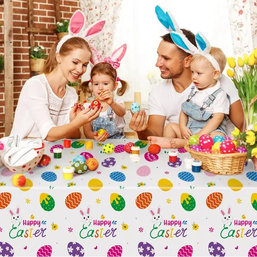 Miniatura 2 de Mantel de Pascua de 3 piezas, funda de mesa de conejo de Pascua, mantel rectangular de plástico desechable con huevos coloridos para primavera, día