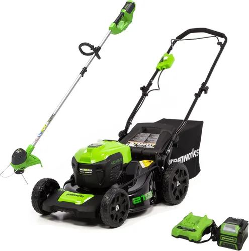 Greenworks Cortacésped eléctrico inalámbrico sin escobillas de 40 V 21 pulgadas, recortadora de cuerdas, batería de 5.0Ah y cargador