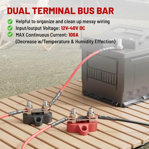 Miniatura 2 de RED WOLF Bloque de distribución de energía de 12 V 100 A, barra colectora de doble perno de 1/4", barra de bus terminal M6, poste de conexión