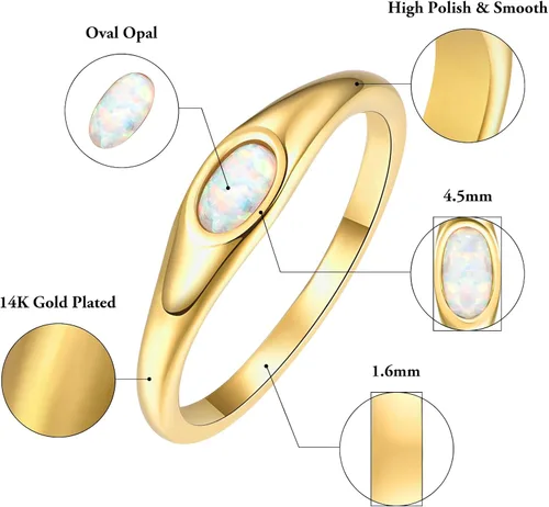 Miniatura 6 de Signet Rings for Women, 14K Gold Plated Dainty Rings OvalHeart Created Opal Ring Size 5-10