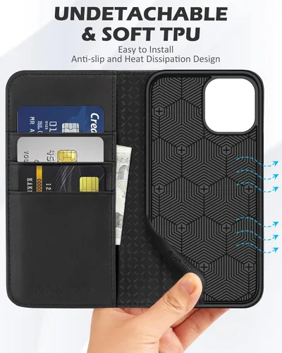 Miniatura 8 de SHIELDON Funda para iPhone 12/12 Pro 5G, Funda Tipo Billetera de Piel Auténtica con Bloqueo RFID Magnético, Soporte para Tarjetas de Crédito