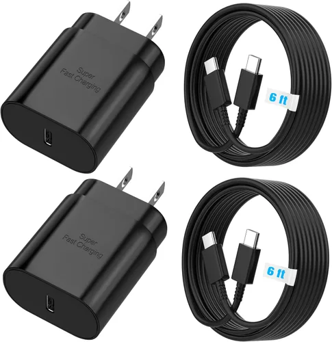 Galaxy S25 S24 - Bloque de carga USB C de 25 W PD cargador súper rápido con cable tipo C, adaptador de enchufe de pared de 6 pies, carga rápida para