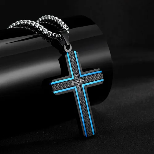 Miniatura 2 de Holizaly Collar de cruz para hombre, colgante de acero inoxidable 316L, color blanco, dorado, negro, azul, caja de regalo incluida