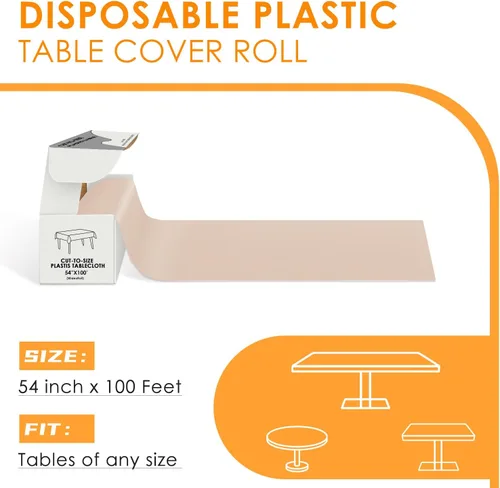 Miniatura 2 de tujol Rollo de mantel de mesa de plástico desechable beige de 54" X 100', cubierta de mesa de plástico con caja cortadora, mantel desechable cortado