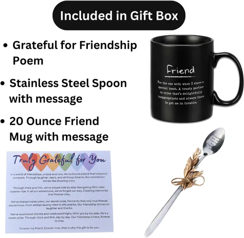 Miniatura 4 de Caja de regalo de taza de café con texto en inglés "Friends are the Family We Choose", taza de cerámica negra de 20 onzas, cuchara de acero