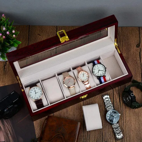 Miniatura 2 de ywduoying Caja de reloj de madera con 6 ranuras anchas para relojes de madera organizador de almacenamiento caja de reloj vintage roja para hombre