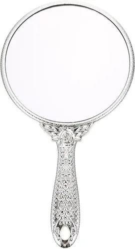minkissy Espejo de mano redondo plateado espejo de mano vintage de maquillaje para mujeres, peluquerías, espejos cosméticos retro con asa para