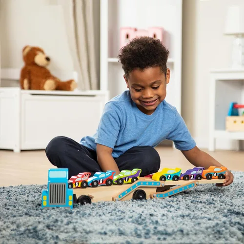 Miniatura 5 de Melissa & Doug Mega Race-Car Carrier - Tractor y remolque de madera con 6 coches de carrera únicos