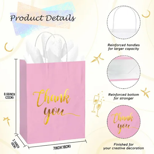 Miniatura 3 de 30 bolsas de regalo de agradecimiento con papel de seda dorado con asas para bodas, cumpleaños, negocios, compras, baby showers, recuerdos de Rosado