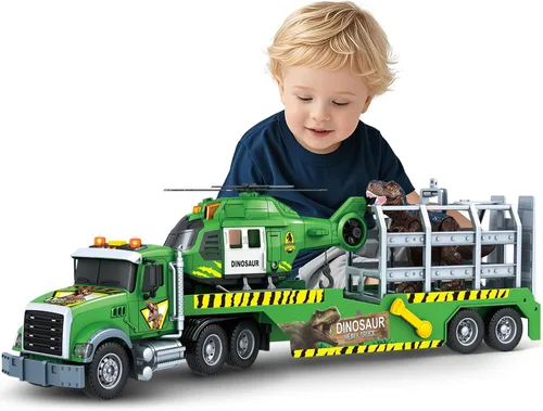 SpringFlower Carrier Dino Truck Juguetes para Niños, Juguete de Camión Semi de 24" con Helicóptero y Juguete de Dinosaurio con Luces, Sonidos,