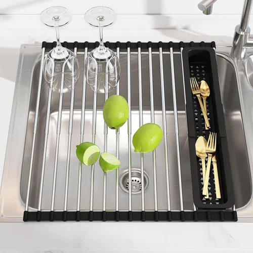 Miniatura 10 de JASIWAY - Escurridor extensible de acero inoxidable para usar sobre fregadero, encimera de cocina y dentro del fregadero, con portautensilios