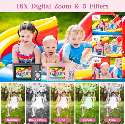 Miniatura 3 de Cámara Digital para Niños, FHD 1080P Apuntar y Disparar Cámara para Niños con Zoom Digital de 16X, Anti-Vibración, Flash, Tarjeta de 32GB, Cámara