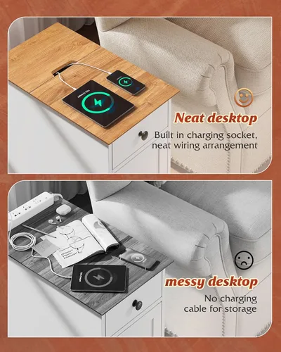 Miniatura 6 de WLIVE Mesa auxiliar con estación de carga, mesa estrecha con cajón y gabinete, mesa auxiliar con estante ajustable para sala de estar/dormitorio